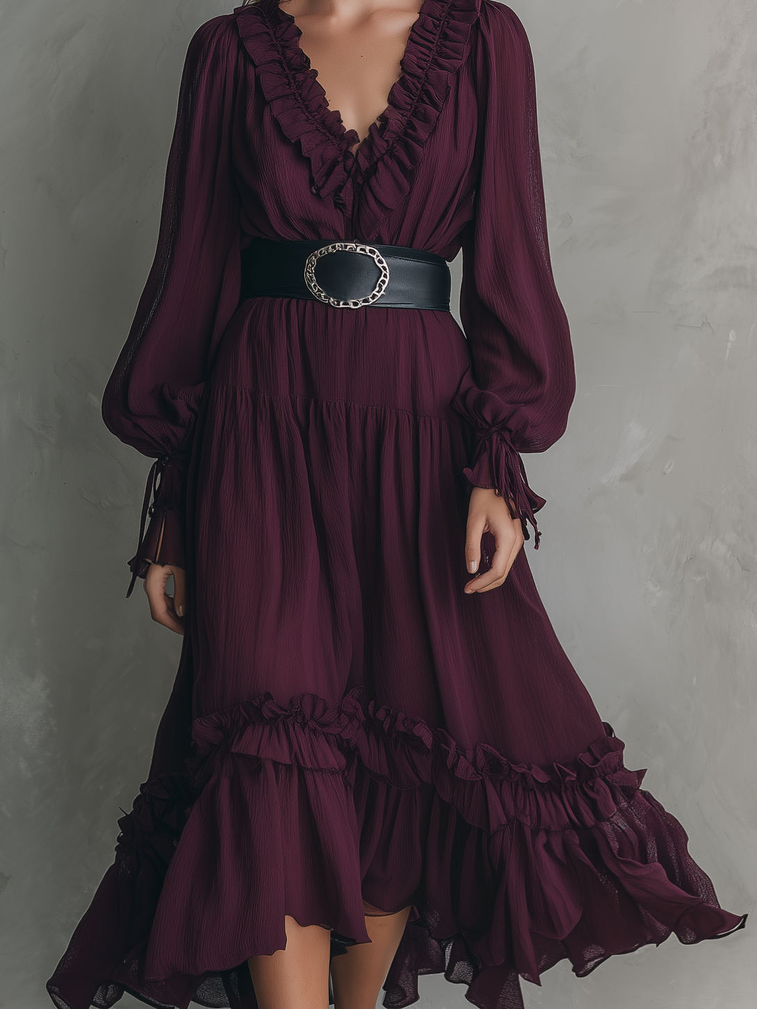 Women's Casual Fuchsia Chiffon V-Neck Long-Sleeve Midi Dress (Belt Not Included) MDZ2779D5LXY