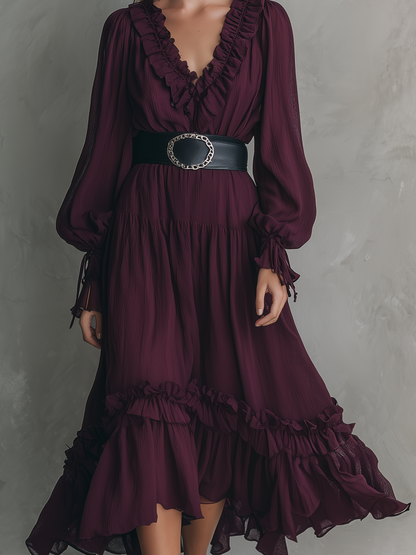 Women's Casual Fuchsia Chiffon V-Neck Long-Sleeve Midi Dress (Belt Not Included) MDZ2779D5LXY