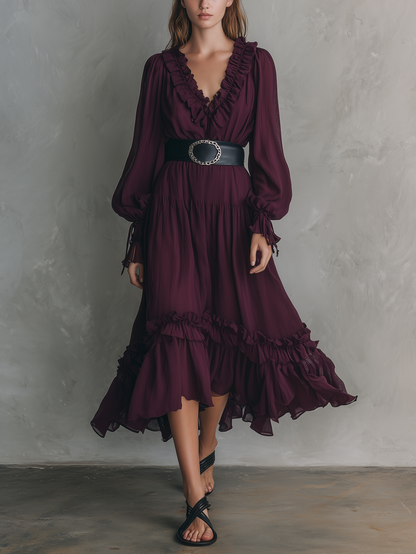 Women's Casual Fuchsia Chiffon V-Neck Long-Sleeve Midi Dress (Belt Not Included) MDZ2779D5LXY