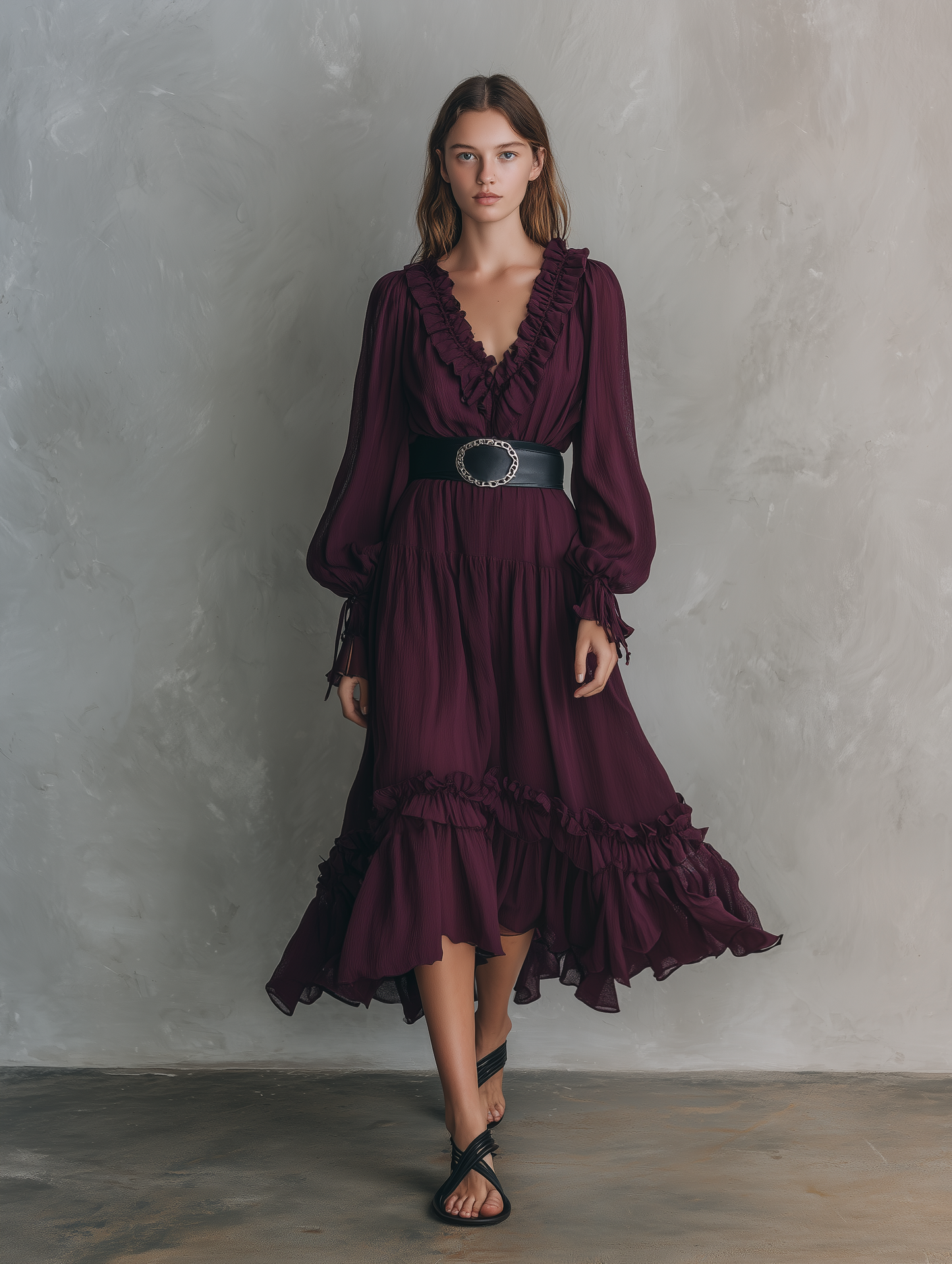 Women's Casual Fuchsia Chiffon V-Neck Long-Sleeve Midi Dress (Belt Not Included) MDZ2779D5LXY