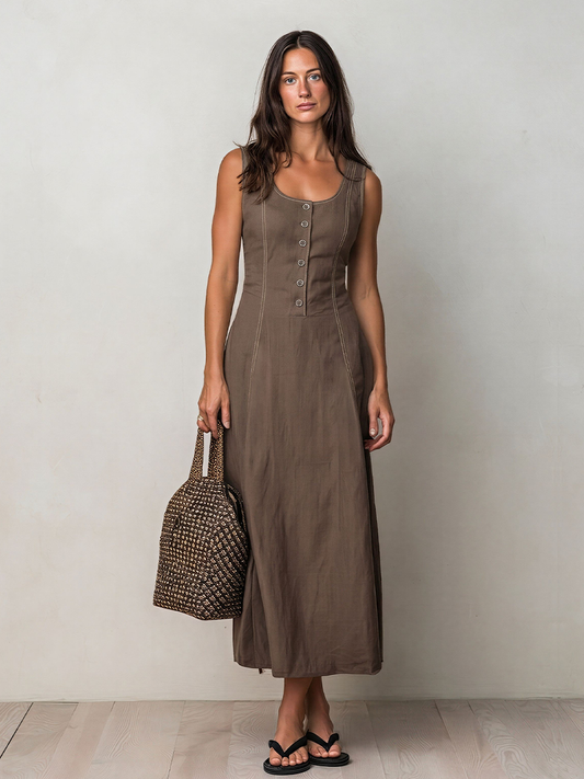 Women's Brown Linen-Blend Midi Dress With Contrast Stitch & Button Front, Timeless Casual Everyday Dress MDZ2700D0LYL
