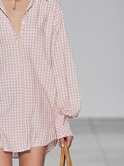 Women's Pink & White Gingham Oversized Shirt With Balloon Sleeves, Timeless Casual Summer Blouse MDZ2793D5LYL