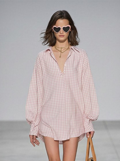 Women's Pink & White Gingham Oversized Shirt With Balloon Sleeves, Timeless Casual Summer Blouse MDZ2793D5LYL