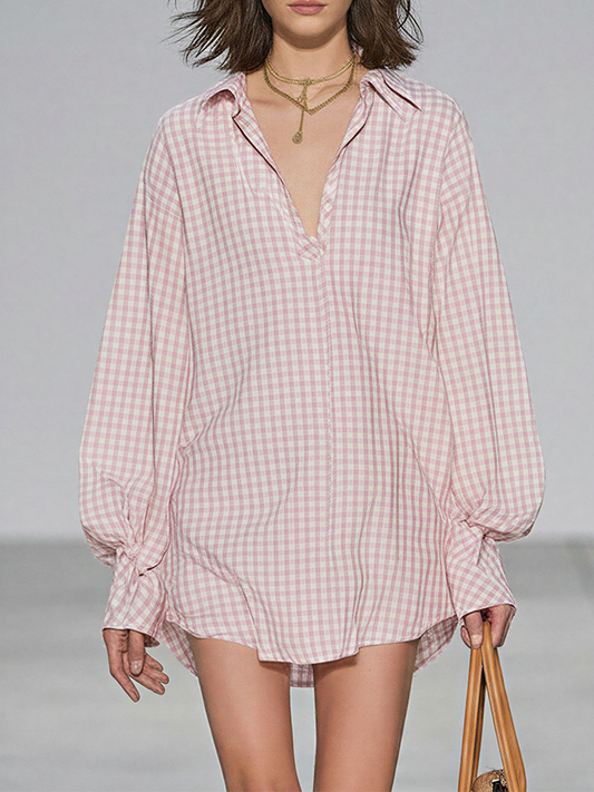 Women's Pink & White Gingham Oversized Shirt With Balloon Sleeves, Timeless Casual Summer Blouse MDZ2793D5LYL