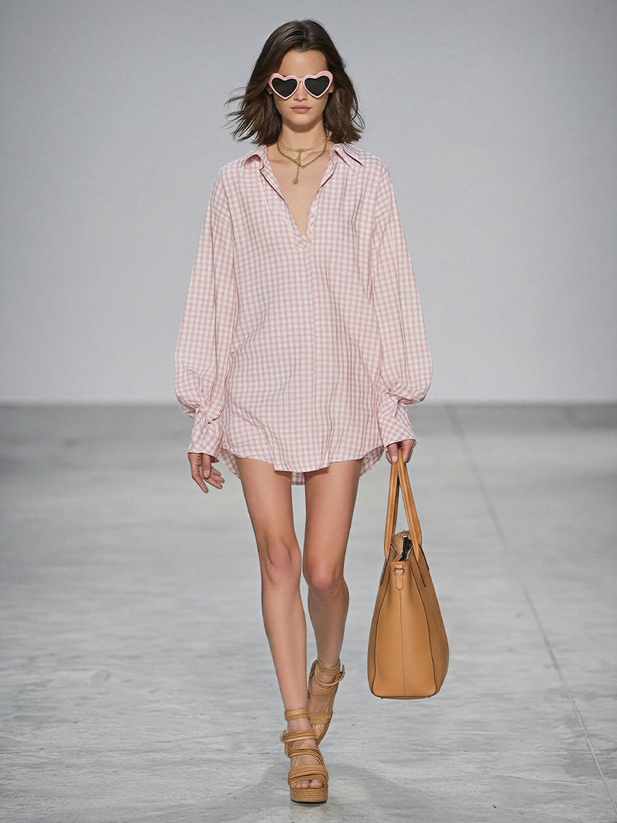Women's Pink & White Gingham Oversized Shirt With Balloon Sleeves, Timeless Casual Summer Blouse MDZ2793D5LYL