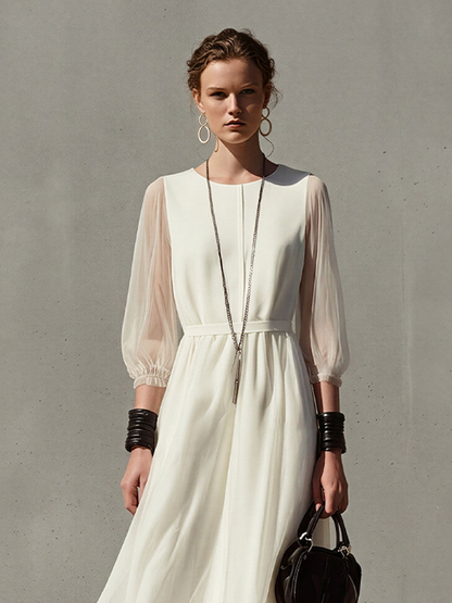 Women's Off-White Chiffon Maxi Dress With Sheer Balloon Sleeves & Waist Tie, Timeless Elegant Formal Dress MDZ2768D2LYL
