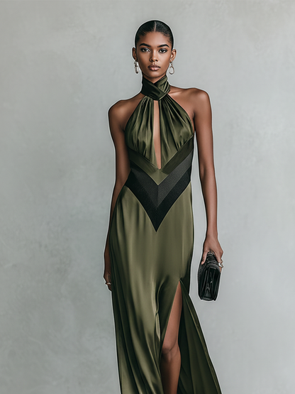 Women's Olive Green Satin Halter Maxi Dress With Keyhole Cutout & Chevron Detail, Timeless Formal Evening Gown MDZ2876D6LYL