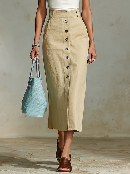 Women's Off-White Halter Neck Top & Khaki Midi Skirt Co-Ord With High Waist, Modern Effortless-Chic Neutral Outfit MDZ2877D0LYL