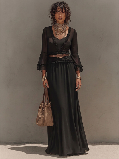 Women's Black Sheer Chiffon Matching Set, Vintage Elegant With V Neck & Flowy Long Skirt, Fashion Three-Piece Suit MDZ2829D3LYL