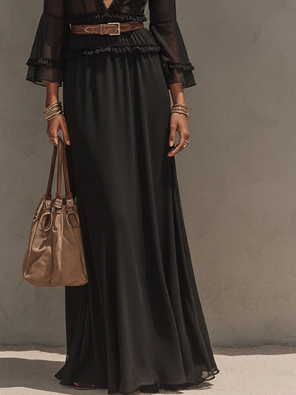 Women's Black Sheer Chiffon Matching Set, Vintage Elegant With V Neck & Flowy Long Skirt, Fashion Three-Piece Suit MDZ2829D3LYL