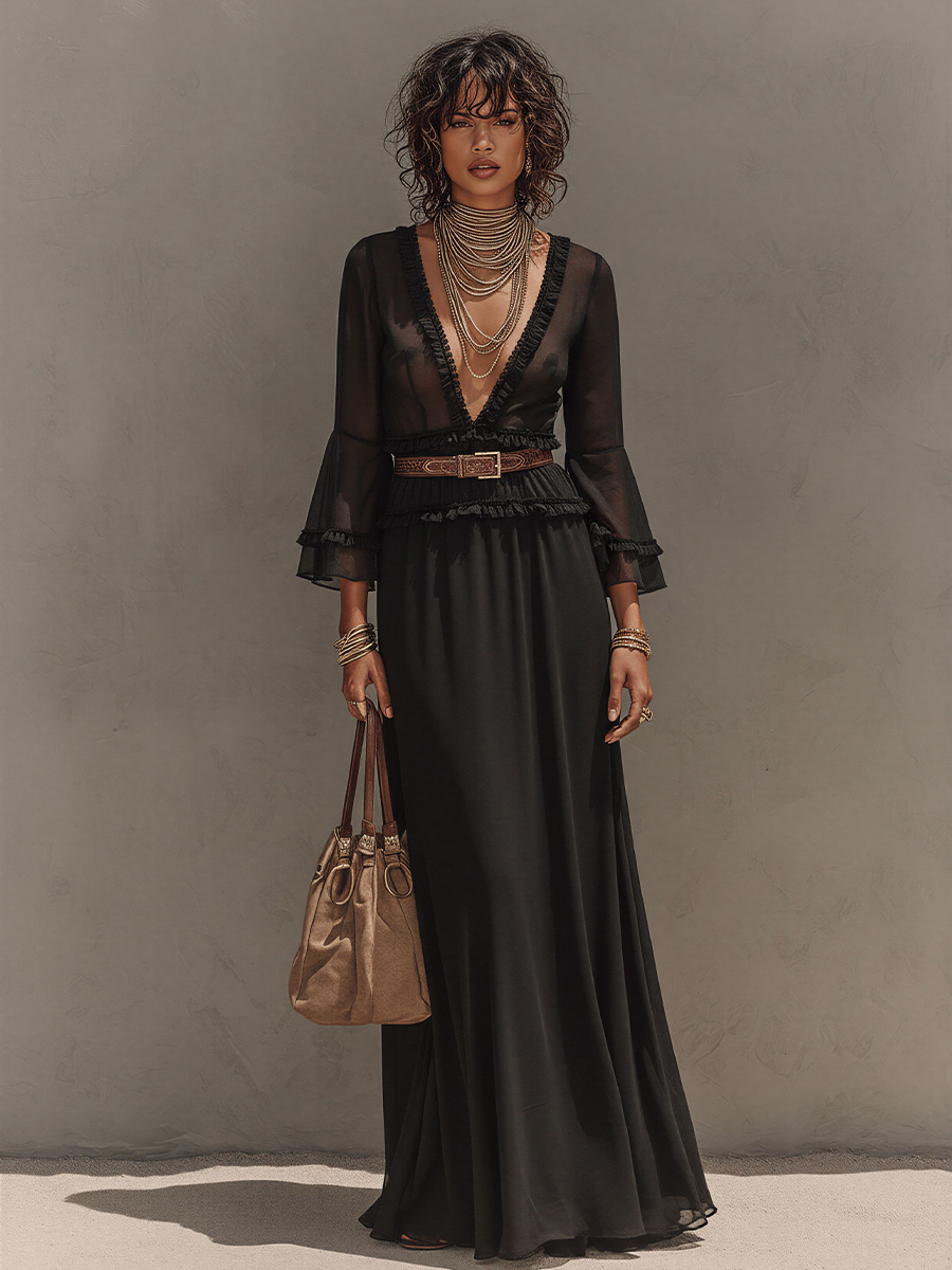 Women's Black Sheer Chiffon Matching Set, Vintage Elegant With V Neck & Flowy Long Skirt, Fashion Three-Piece Suit MDZ2829D3LYL