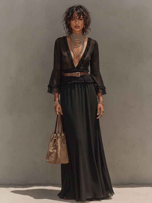 Women's Black Sheer Chiffon Matching Set, Vintage Elegant With V Neck & Flowy Long Skirt, Fashion Three-Piece Suit MDZ2829D3LYL