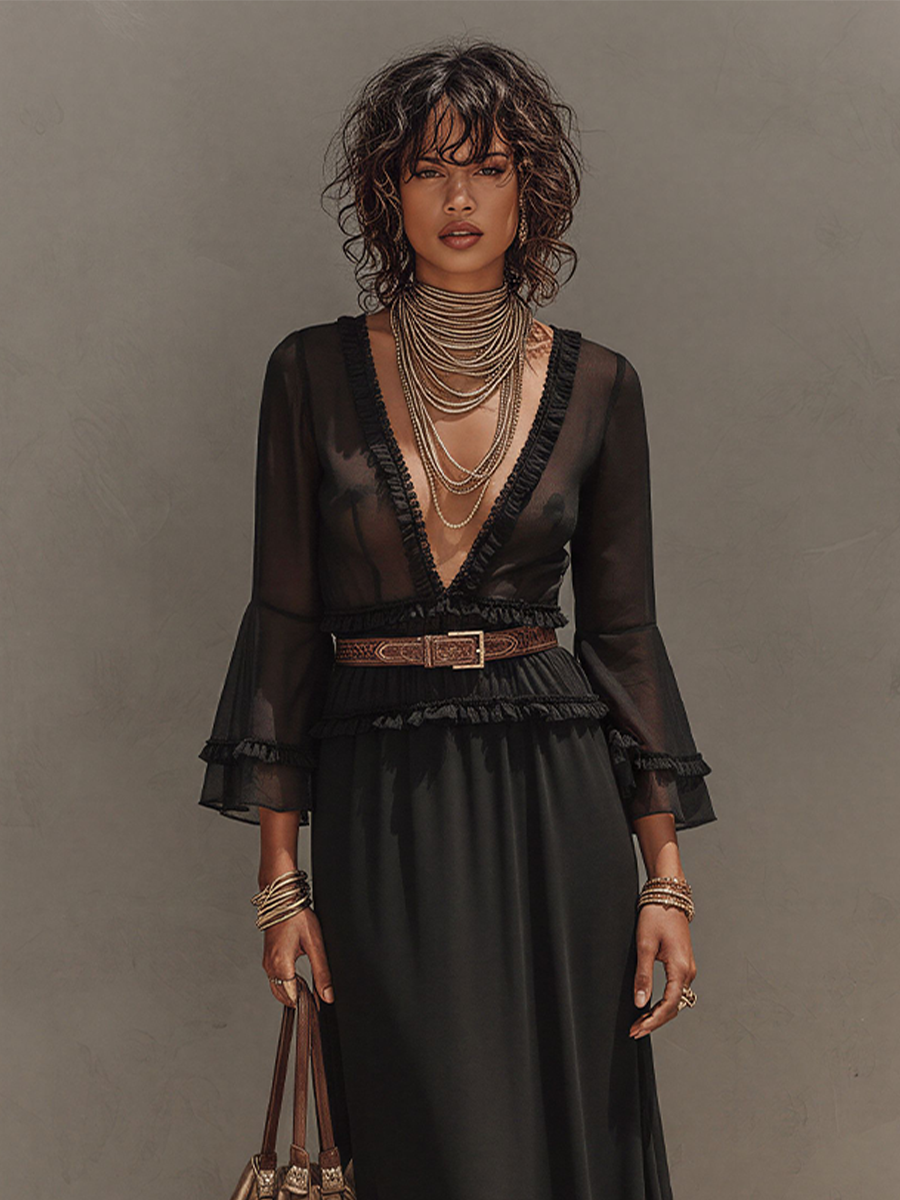 Women's Black Sheer Chiffon Matching Set, Vintage Elegant With V Neck & Flowy Long Skirt, Fashion Three-Piece Suit MDZ2829D3LYL