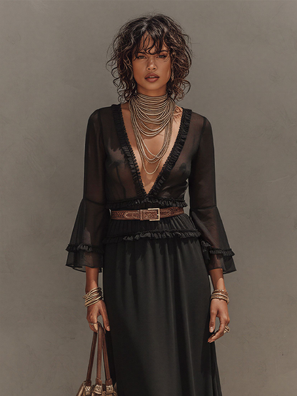 Women's Black Sheer Chiffon Matching Set, Vintage Elegant With V Neck & Flowy Long Skirt, Fashion Three-Piece Suit MDZ2829D3LYL