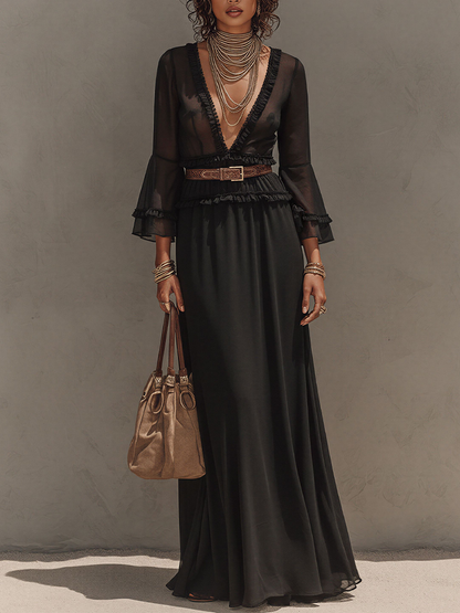 Women's Black Sheer Chiffon Matching Set, Vintage Elegant With V Neck & Flowy Long Skirt, Fashion Three-Piece Suit MDZ2829D3LYL