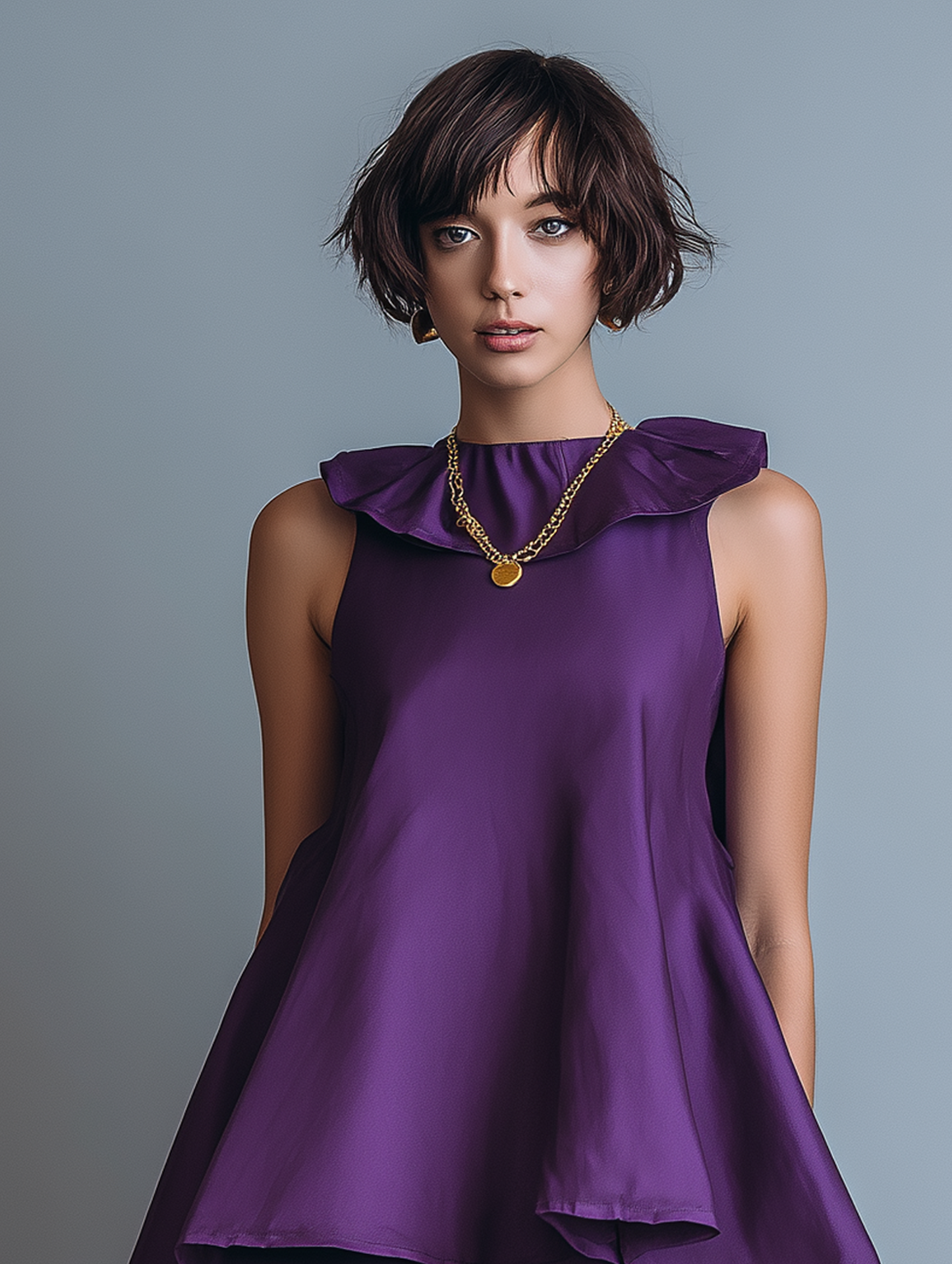 Women's Elegant Satin Mini Dress With Petal Collar, Sleeveless Design, And Ruffled Hem MDZ2848D7Y
