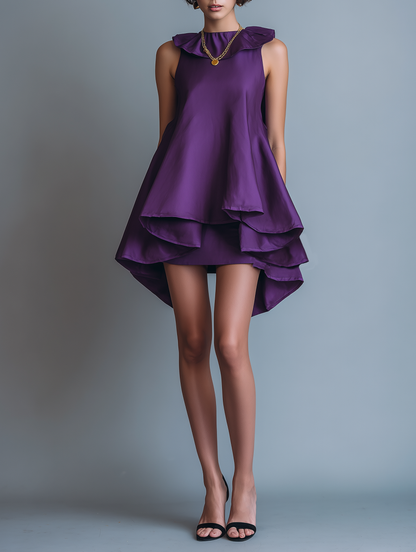 Women's Elegant Satin Mini Dress With Petal Collar, Sleeveless Design, And Ruffled Hem MDZ2848D7Y