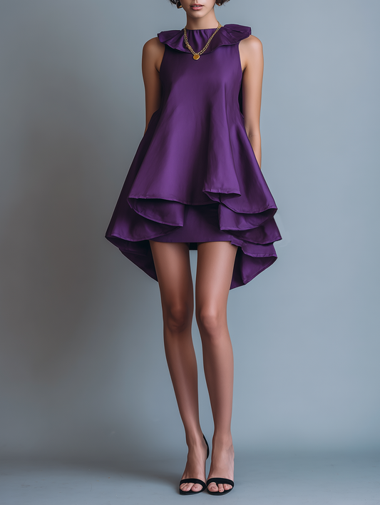 Women's Elegant Satin Mini Dress With Petal Collar, Sleeveless Design, And Ruffled Hem MDZ2848D7Y