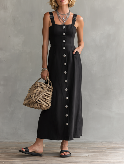 Women's Minimalist Linen-Blend Single-Breasted Maxi Pinafore Dress MDZ2872D6Y