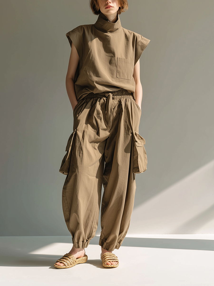 Women's Minimalist Utility-Style Cotton-Linen Set: Loose-Fit Stand-Collar Top & Cargo Pants MDZ2791D4ZJW