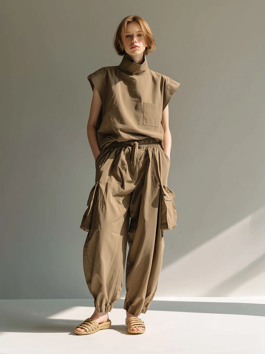 Women's Minimalist Utility-Style Cotton-Linen Set: Loose-Fit Stand-Collar Top & Cargo Pants MDZ2791D4ZJW