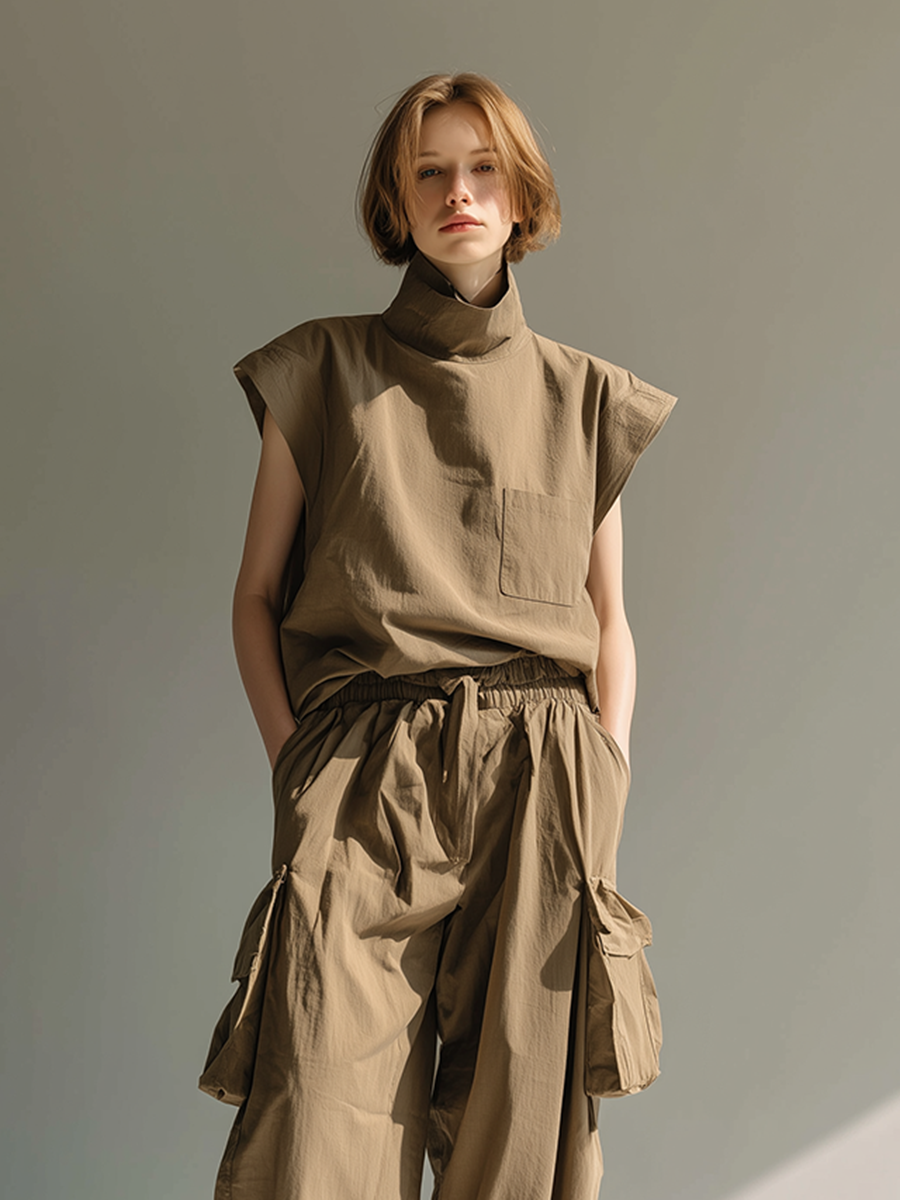 Women's Minimalist Utility-Style Cotton-Linen Set: Loose-Fit Stand-Collar Top & Cargo Pants MDZ2791D4ZJW