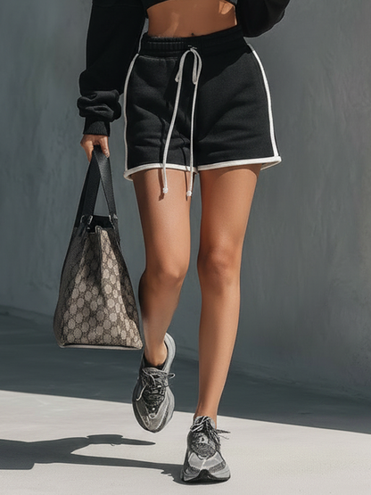 Women's Athleisure White Trim Set: Off-Shoulder Long-Sleeve Cropped Sweatshirt  & Drawstring Shorts MDZ2844D5Y