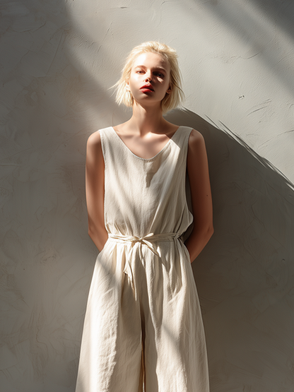 Women's Minimalist Loose-Fit White Cotton-Linen Sleeveless Crew-Neck Wide-Leg Jumpsuit MDZ2702D6ZJW