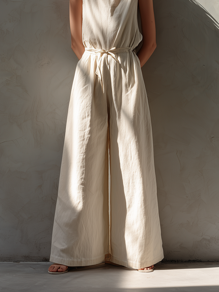 Women's Minimalist Loose-Fit White Cotton-Linen Sleeveless Crew-Neck Wide-Leg Jumpsuit MDZ2702D6ZJW