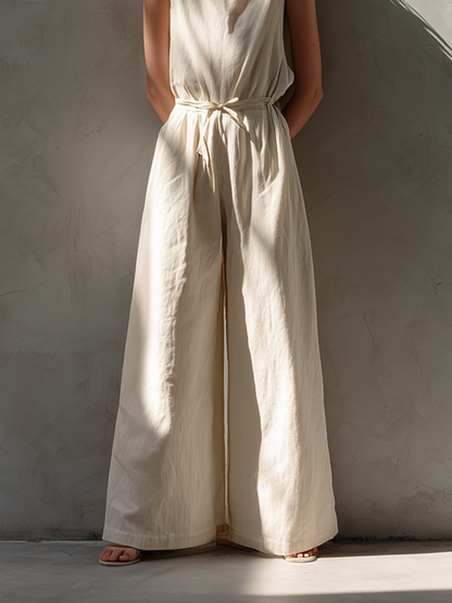 Women's Minimalist Loose-Fit White Cotton-Linen Sleeveless Crew-Neck Wide-Leg Jumpsuit MDZ2702D6ZJW