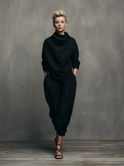 Women's Minimalist Black Polyester-Cotton Set: Mock-Neck Top & Loose-Fit Tapered Cropped Harem Pants  MDZ2745D6ZJW