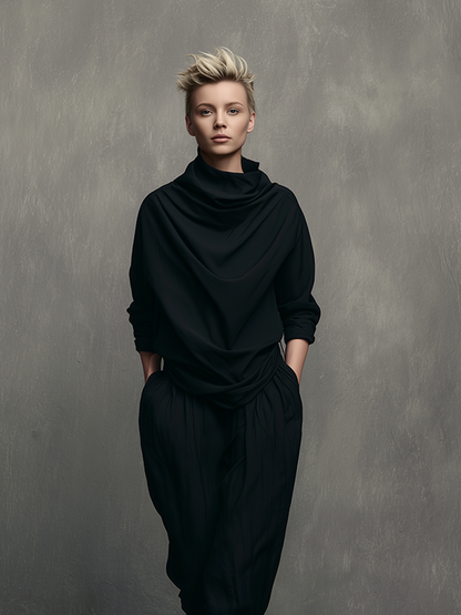 Women's Minimalist Black Polyester-Cotton Set: Mock-Neck Top & Loose-Fit Tapered Cropped Harem Pants  MDZ2745D6ZJW