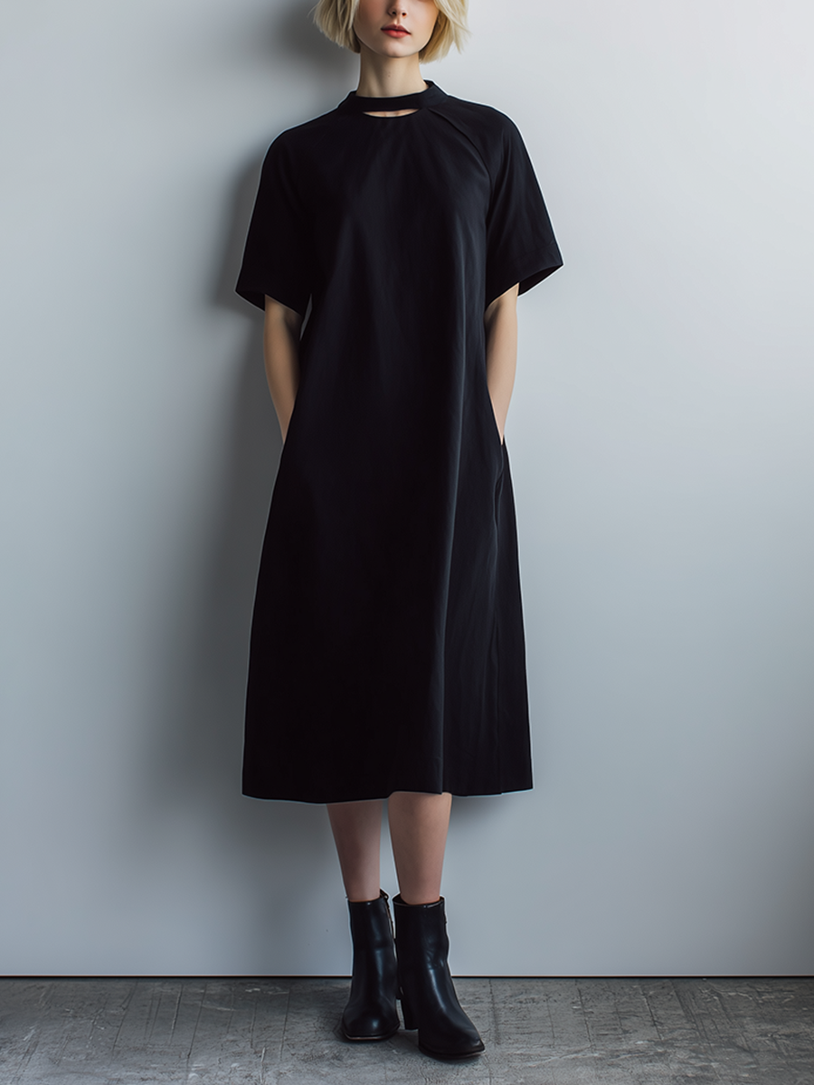 Women's Casual Minimalist Black Poly-Cotton Midi Dress ¡ª Short Sleeve, Crew Neck, Cutout Design MDZ2787D4ZJW