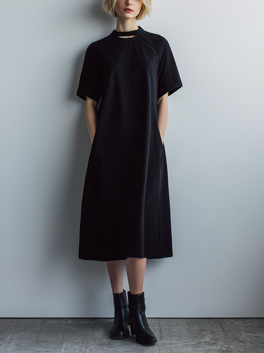 Women's Casual Minimalist Black Poly-Cotton Midi Dress ¡ª Short Sleeve, Crew Neck, Cutout Design MDZ2787D4ZJW