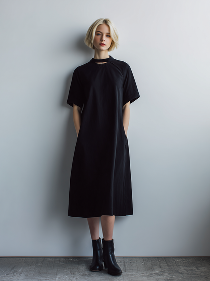 Women's Casual Minimalist Black Poly-Cotton Midi Dress ¡ª Short Sleeve, Crew Neck, Cutout Design MDZ2787D4ZJW