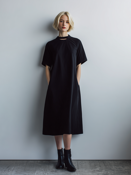 Women's Casual Minimalist Black Poly-Cotton Midi Dress ¡ª Short Sleeve, Crew Neck, Cutout Design MDZ2787D4ZJW