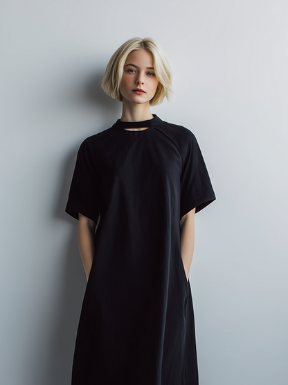 Women's Casual Minimalist Black Poly-Cotton Midi Dress ¡ª Short Sleeve, Crew Neck, Cutout Design MDZ2787D4ZJW