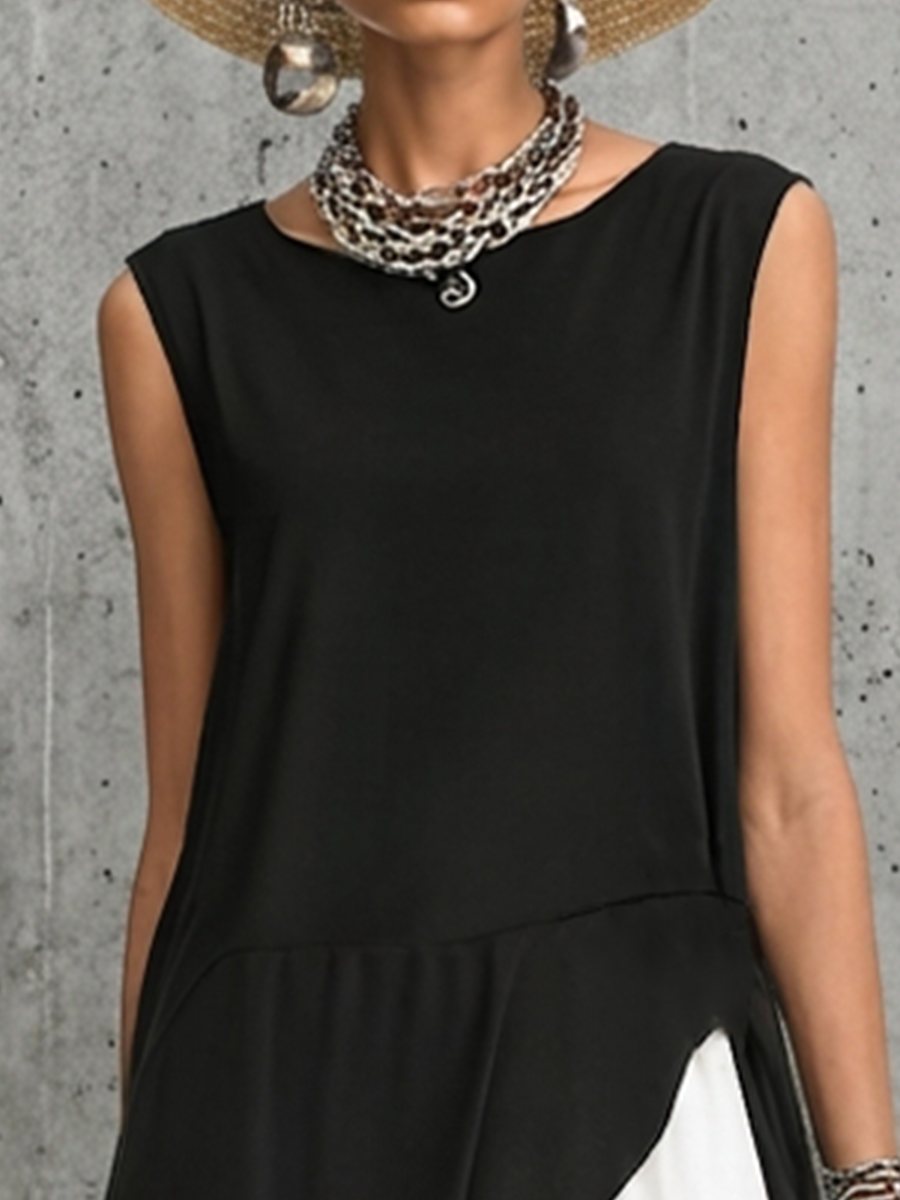 Women's Fashionable Black And White Color-Blocked Cotton Blend Chiffon Patchwork Sleeveless Long Top With Asymmetrical Hem MDZ2813D8GMJ