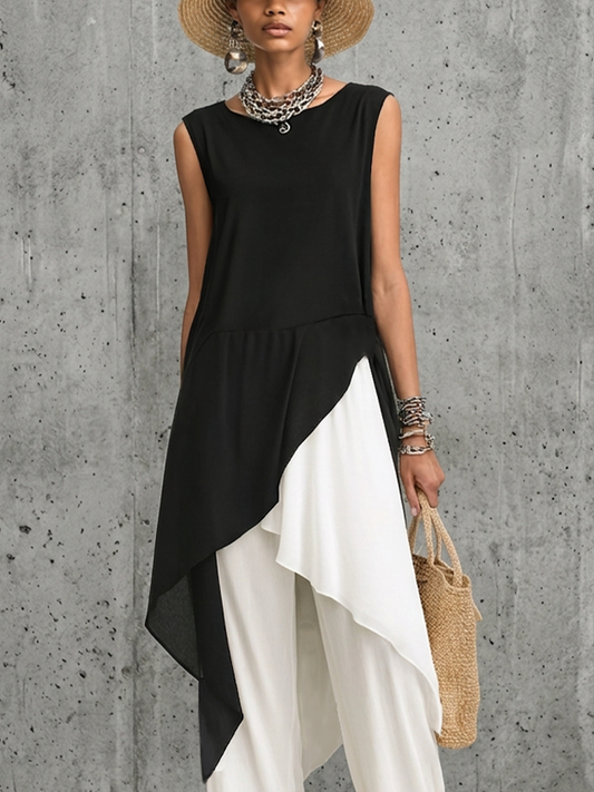 Women's Fashionable Black And White Color-Blocked Cotton Blend Chiffon Patchwork Sleeveless Long Top With Asymmetrical Hem MDZ2813D8GMJ