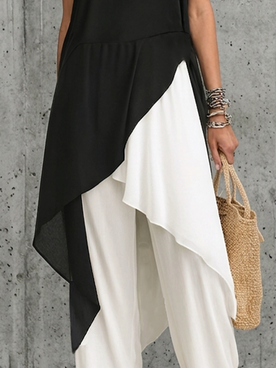 Women's Fashionable Black And White Color-Blocked Cotton Blend Chiffon Patchwork Sleeveless Long Top With Asymmetrical Hem MDZ2813D8GMJ