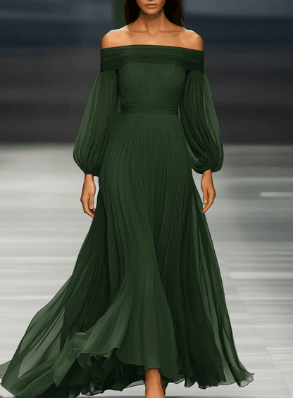 Off-shoulder Green Chiffon Maxi Dress