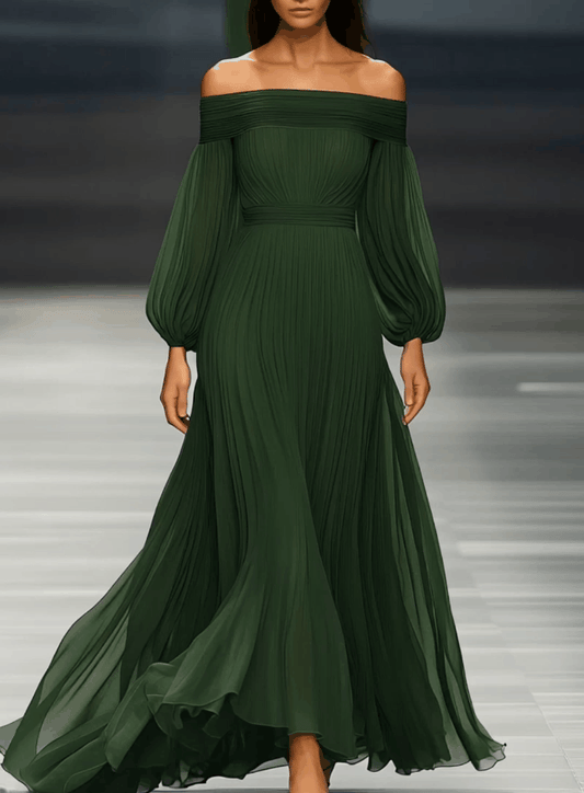 Off-shoulder Green Chiffon Maxi Dress