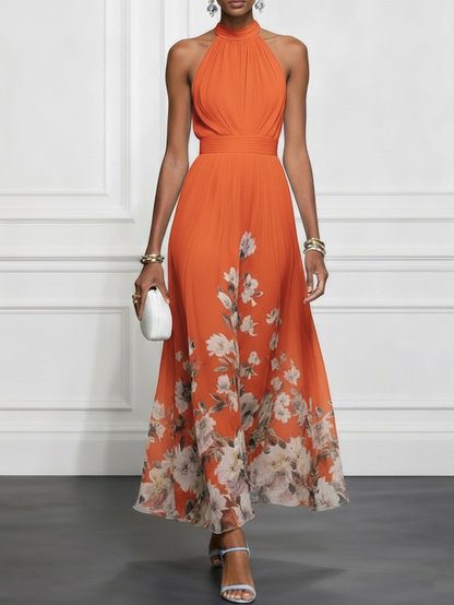 Light Blue Floral Chiffon Halter Sleeveless A-Line Maxi Dress