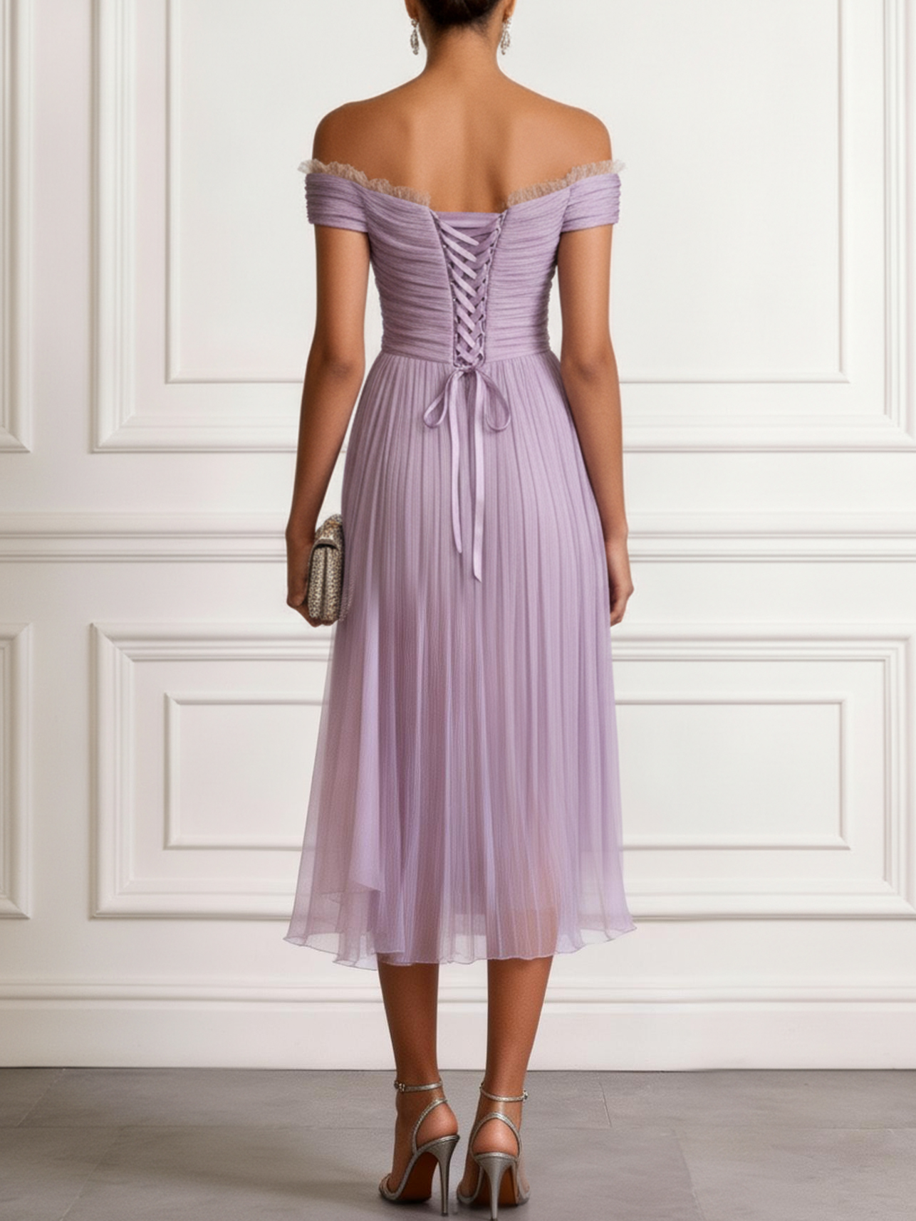Lavender Ruched Lace Chiffon Off The Shoulder Short Sleeve A-Line Midi Dress