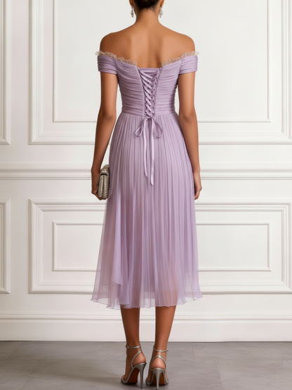 Lavender Ruched Lace Chiffon Off The Shoulder Short Sleeve A-Line Midi Dress