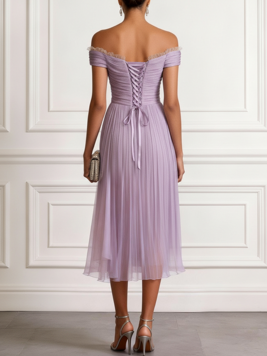 Lavender Ruched Lace Chiffon Off The Shoulder Short Sleeve A-Line Midi Dress