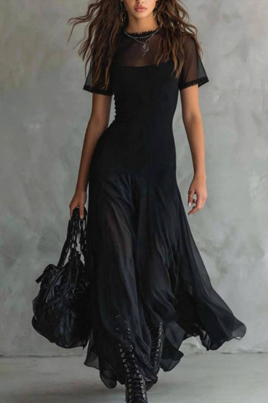 Black Mesh Patchwork Sheer Flowy Maxi Dress