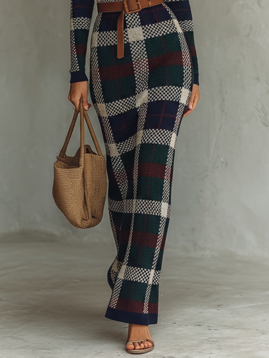 Women's Minimalist Check Knit Belted Square Neck Maxi Dress MDA2984J0Y