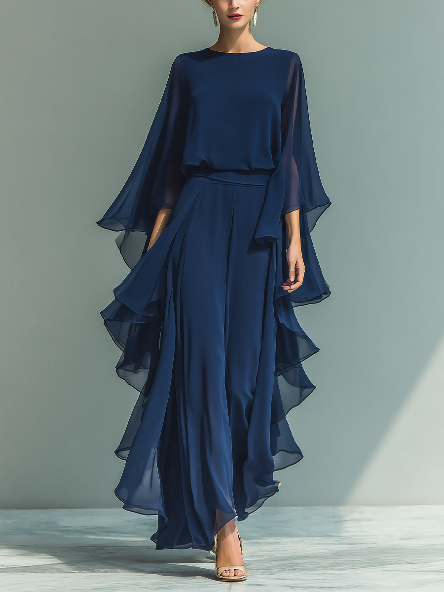 Women’s Navy High-Waisted Ruffle Hem Draped Wide-Leg Pants MDZ1614D6T