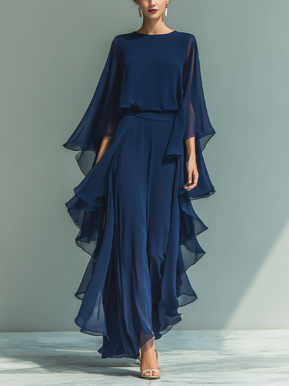 Women’s Navy Chiffon Flare Sleeve Ruched Waist Elegant Blouse MDZ1697D8T